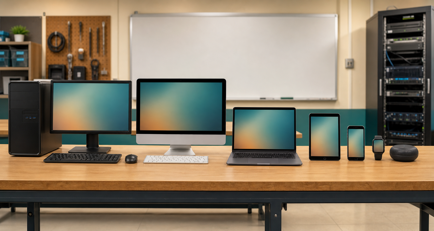 Desktop, all-in-one, laptop, tablet, smartphone, smartwatch, smart speaker, and server rack
