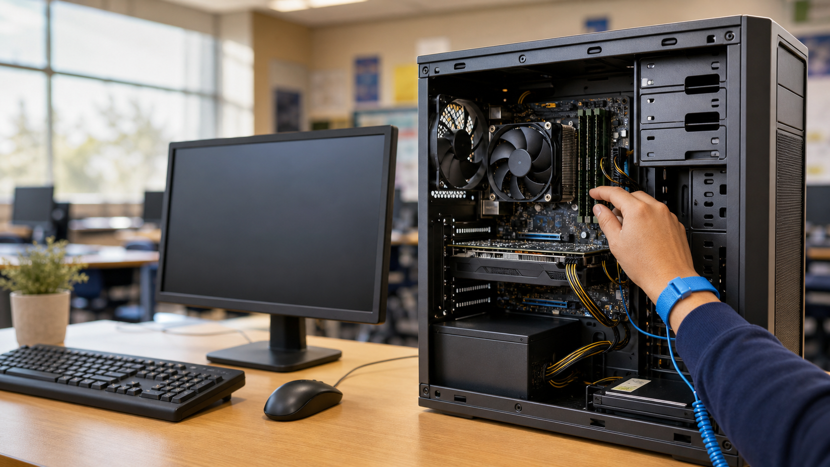 Open desktop computer with visible internal components in a classroom lab